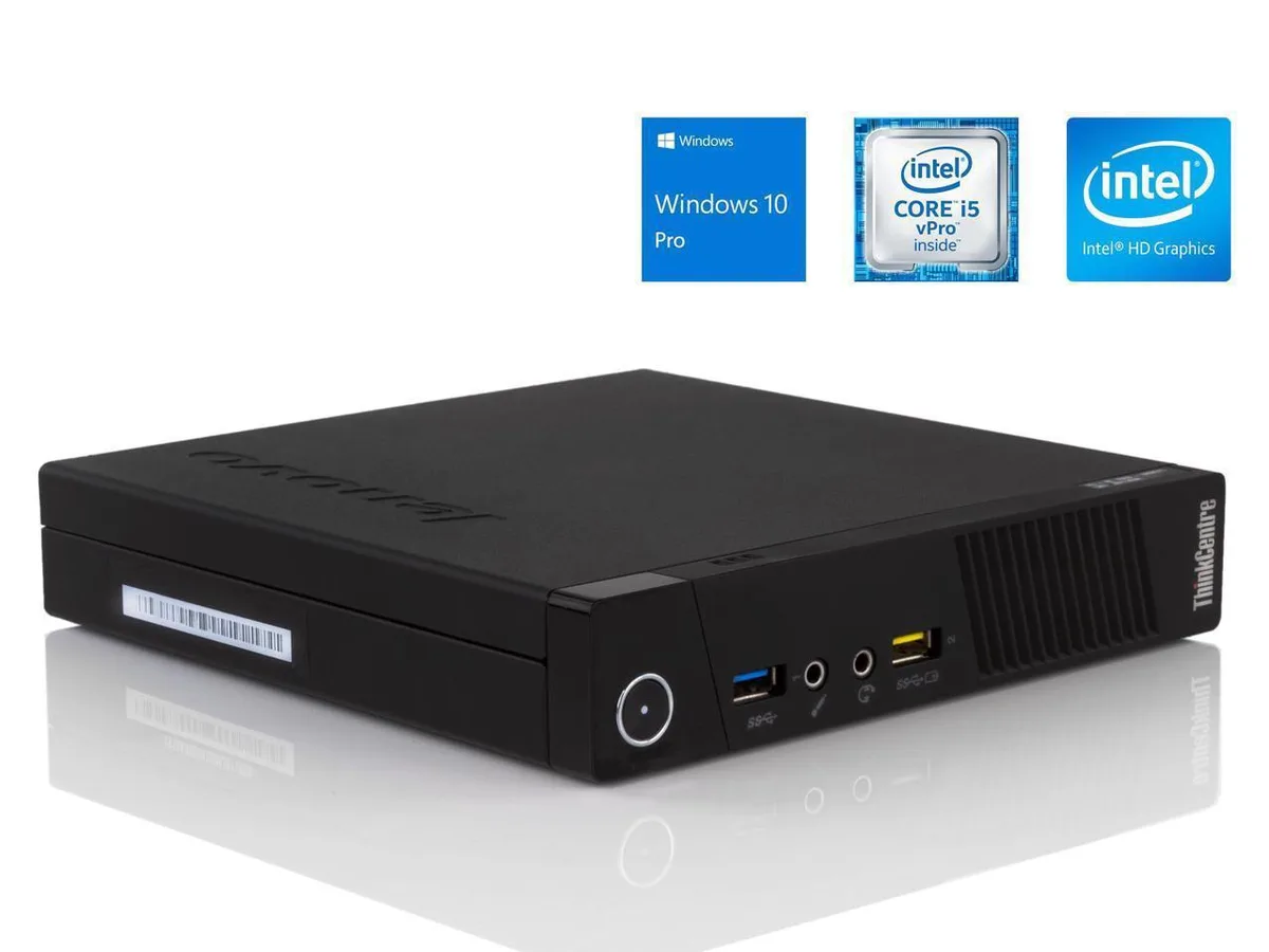 Compact black Lenovo ThinkCentre M93p Tiny desktop with keyboard and mouse