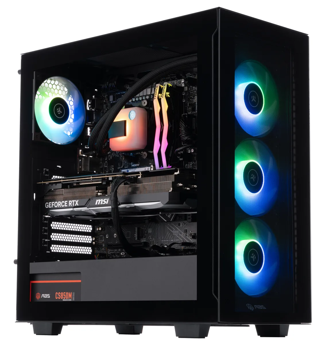Black mid-tower gaming desktop with RGB liquid cooler visible through glass side panel