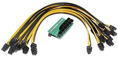 Green breakout board with ten black 6-pin to 6+2-pin cables, 50 cm long