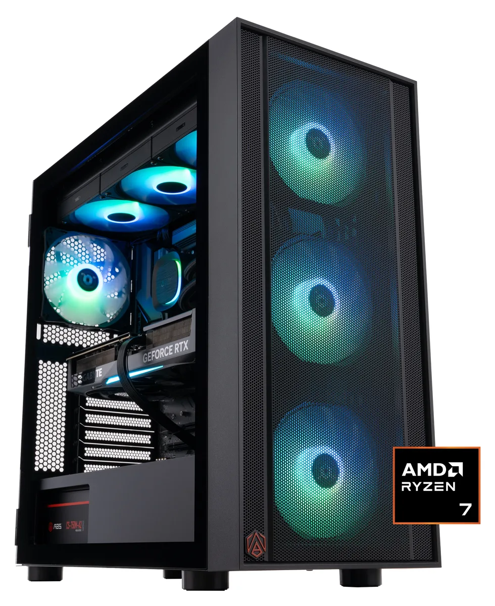 ABS Eurus 570 Obsidian Black mid-tower gaming desktop with 360 mm liquid cooler visible