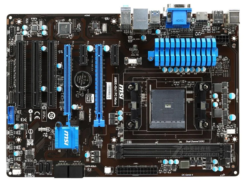 Rectangular ATX motherboard, matte black PCB with silver heatsinks and blue expansion slots