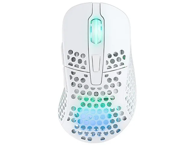 White wireless gaming mouse with modular shell and adjustable weight balance