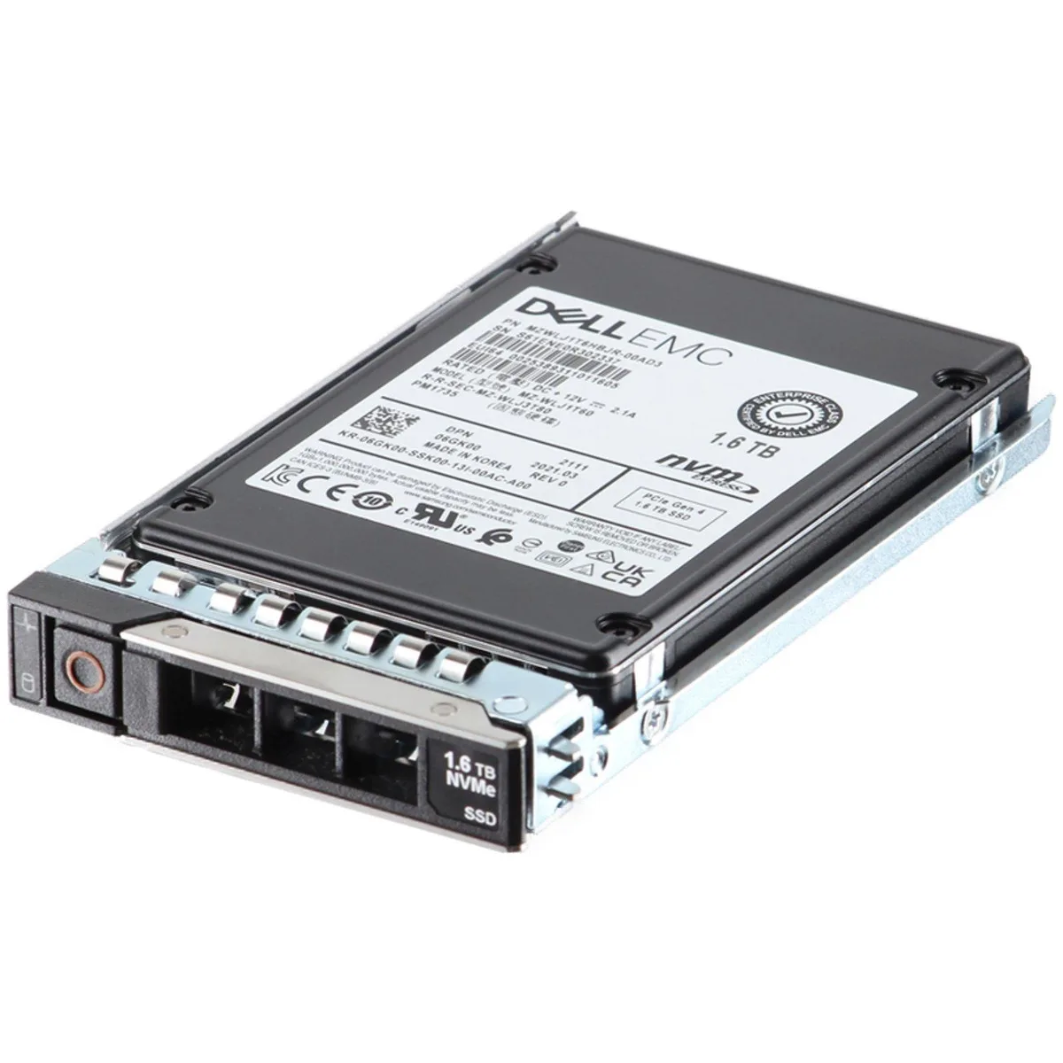 A silver 2.5 inch NVMe SSD with a label showing 1.6TB capacity