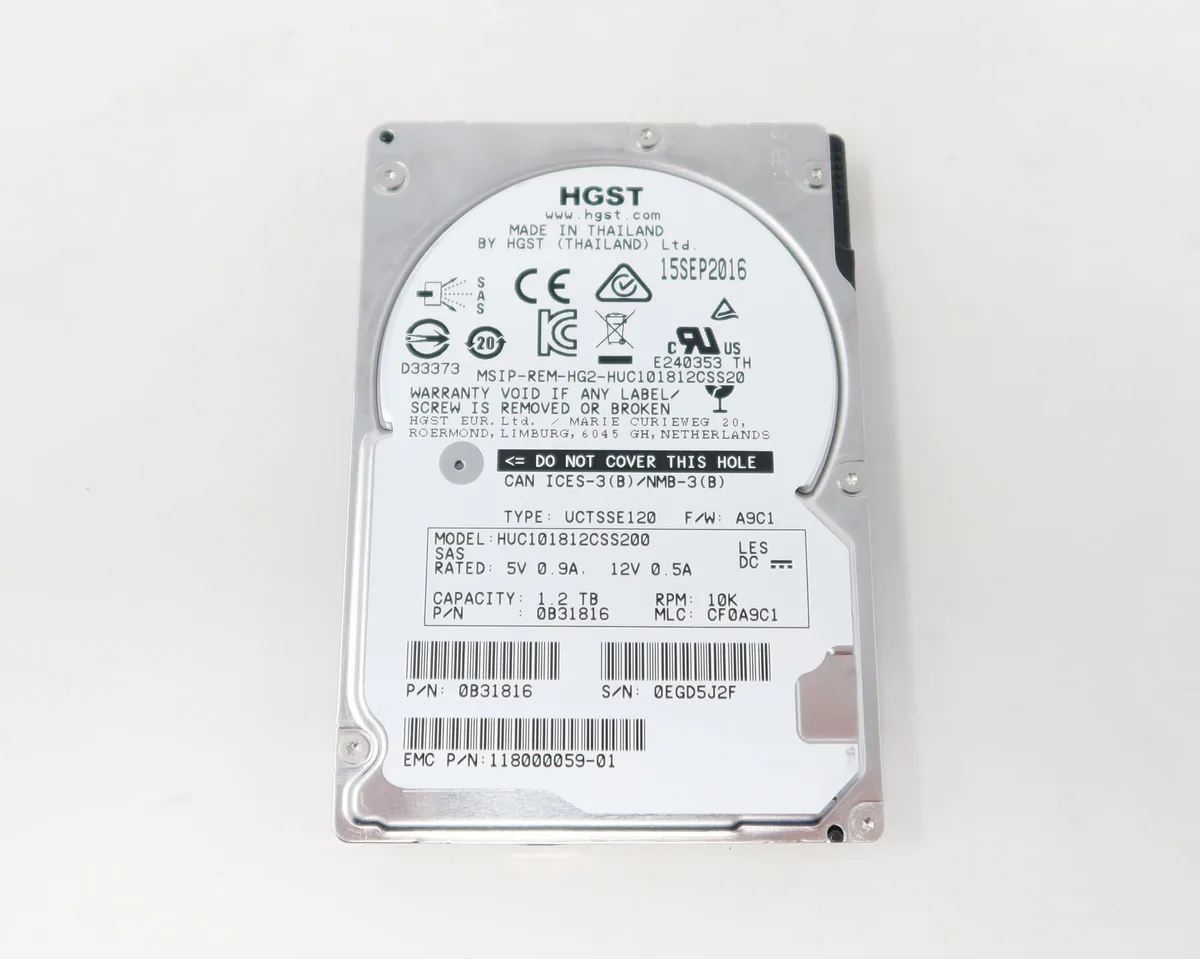 Silver 2.5 inch SAS hard drive with label showing 1.2TB 10000RPM