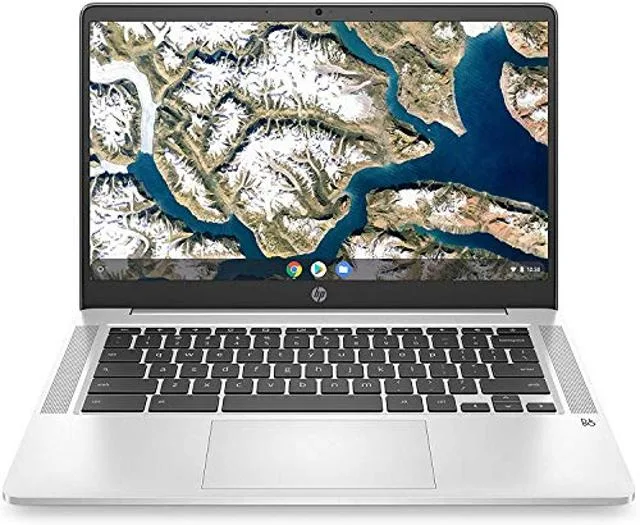 Silver-grey 14-inch Chromebook, thin clamshell, matte anti-glare screen, island-style backlit keyboard, two USB-C ports, one USB-A