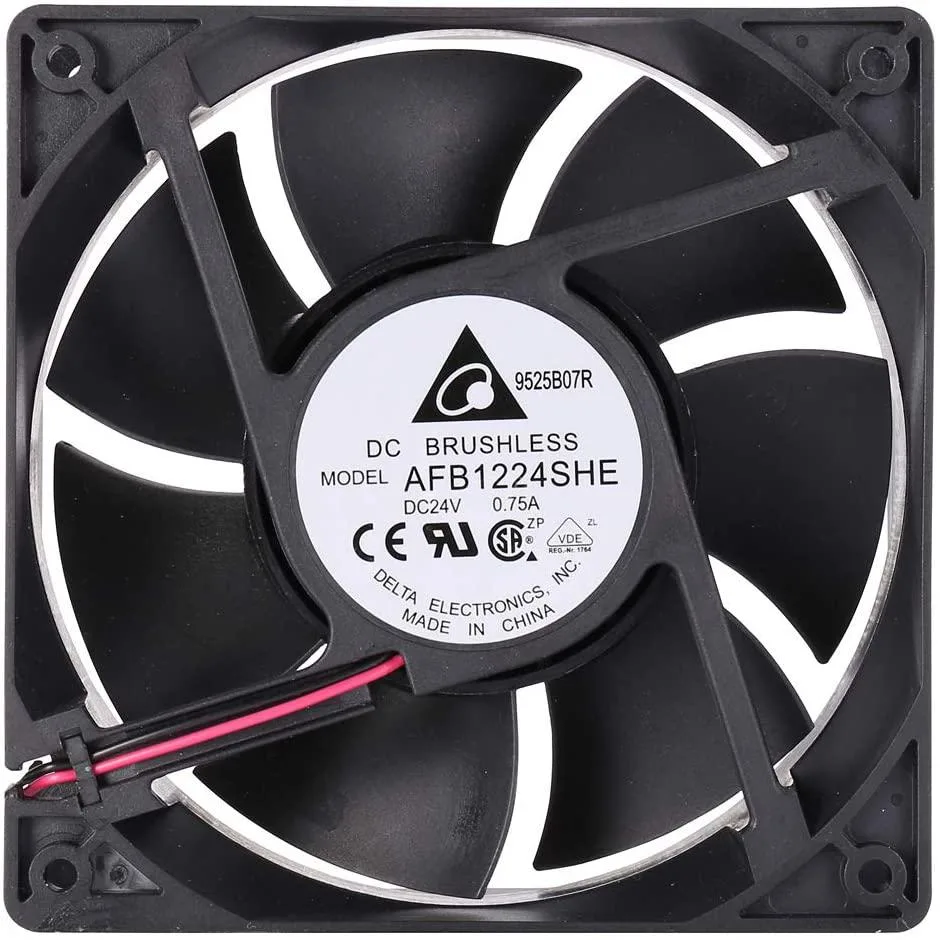 Black 120mm square case fan 38mm thick with metal finger guard grill and 3-pin connector