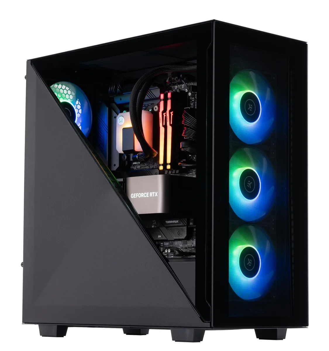 Black mid-tower gaming desktop with RGB liquid cooling visible through glass side panel