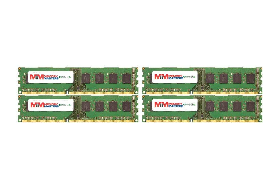 Four green DDR3 sticks with gold contacts on a plain surface