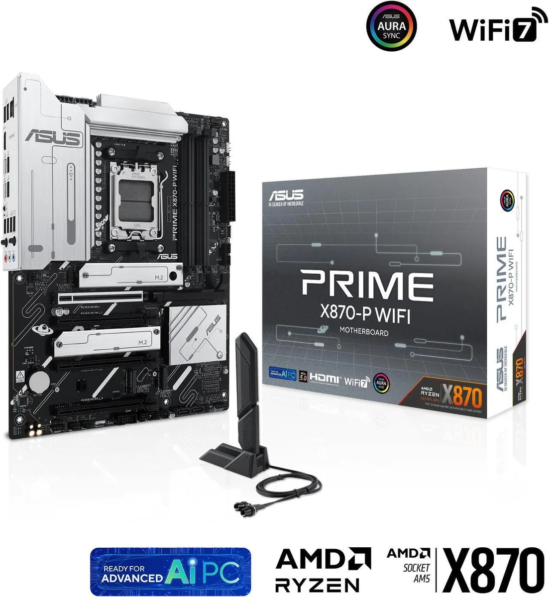 ATX motherboard with silver VRM heatsinks, black PCB, white PCIe slot and four M.2 shields
