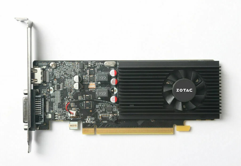 Low-profile graphics card with black heatsink and single fan, DVI and HDMI ports visible