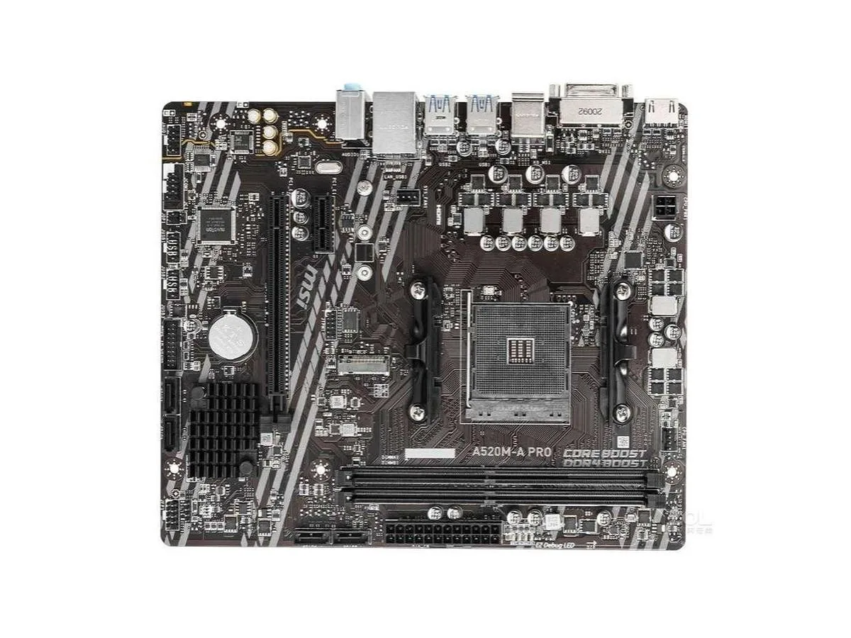 Green Micro ATX motherboard with silver AM4 socket, black PCIe x16 slot, two DDR4 DIMM slots and rear I/O panel