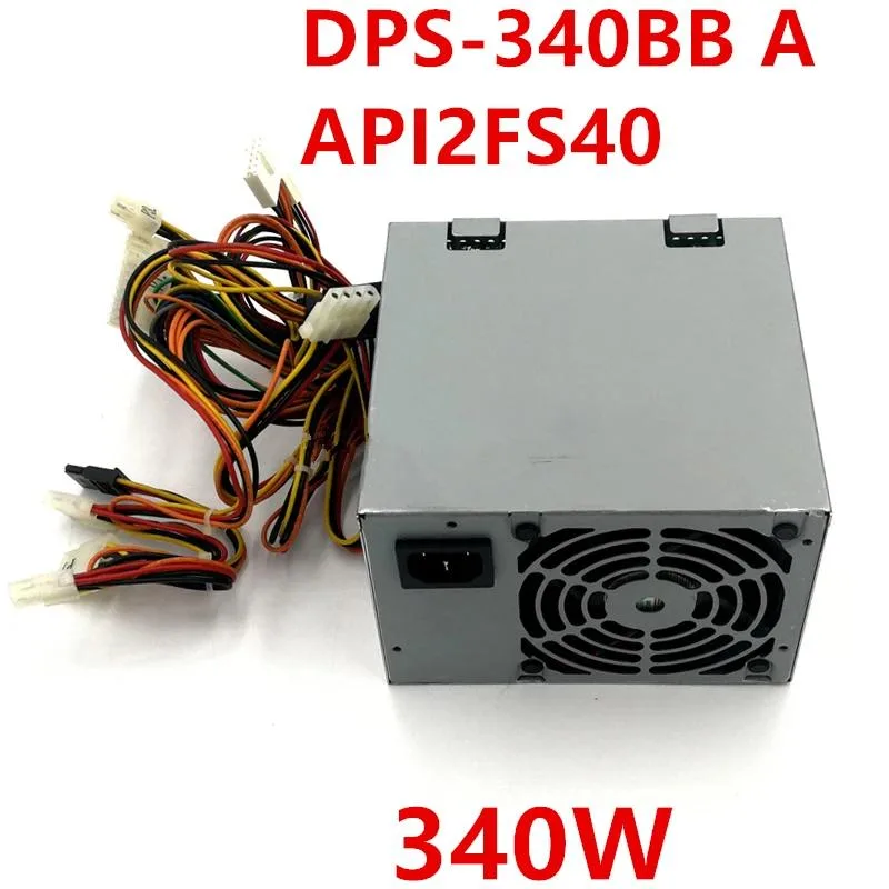 Rectangular silver ATX power supply unit with fan grille and cable bundle