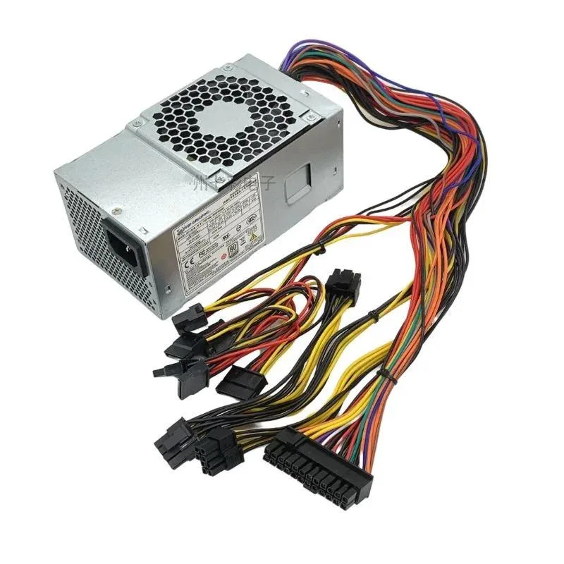 TFX form factor power supply unit with 24-pin connector, matte black metal casing, cooling fan visible on one side