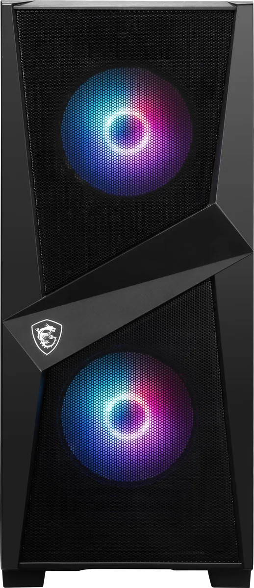 Black tower gaming desktop with ARGB front panel and side window