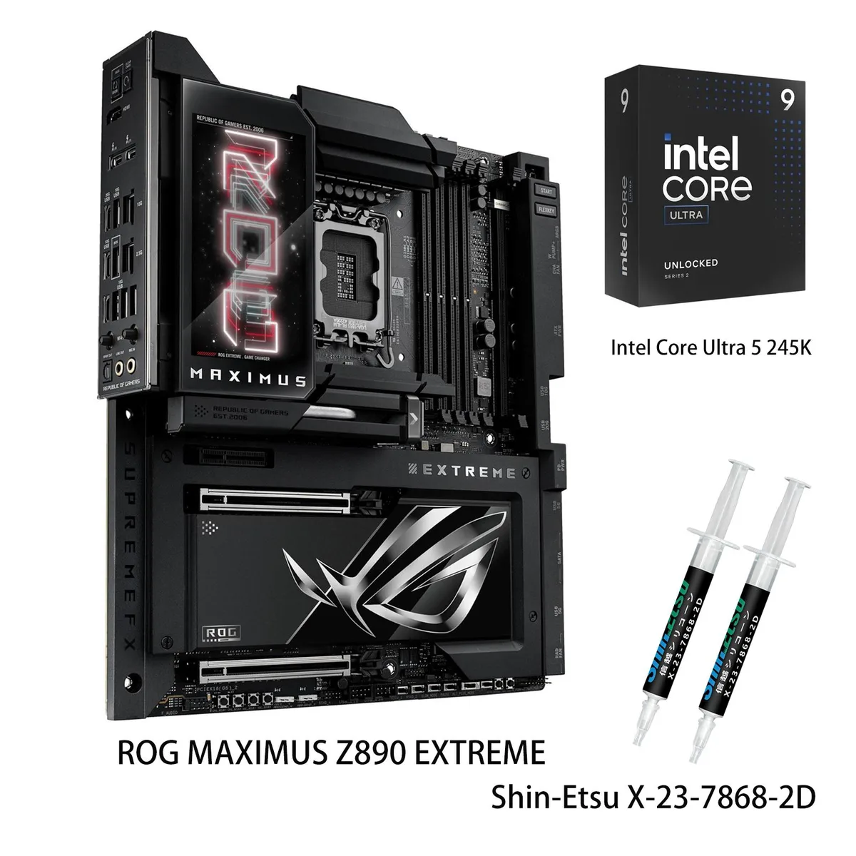 E-ATX motherboard with massive heatsinks, U-shaped heatpipe, 3D VC M.2 heatsink, LGA 1851 socket, CPU installed, black finish