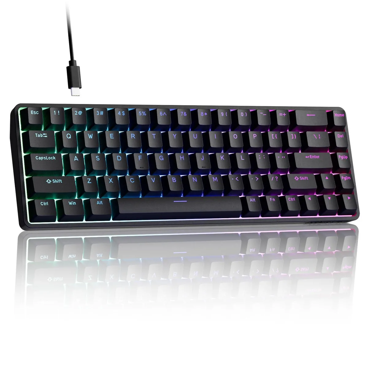 Compact 68-key black keyboard with double-shot keycaps and RGB lighting