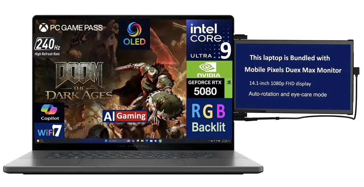 Gray 16-inch OLED gaming laptop with thin bezel and RGB keyboard
