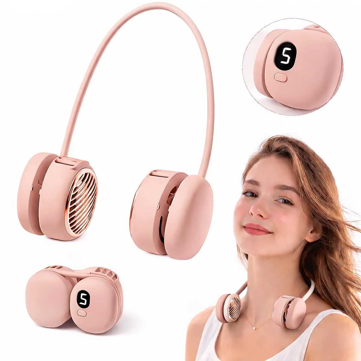 Suzii L21 Pink Neck Fan Accessory 5 Speeds 360° 2.2x2.3x4.48 in — photo du produit