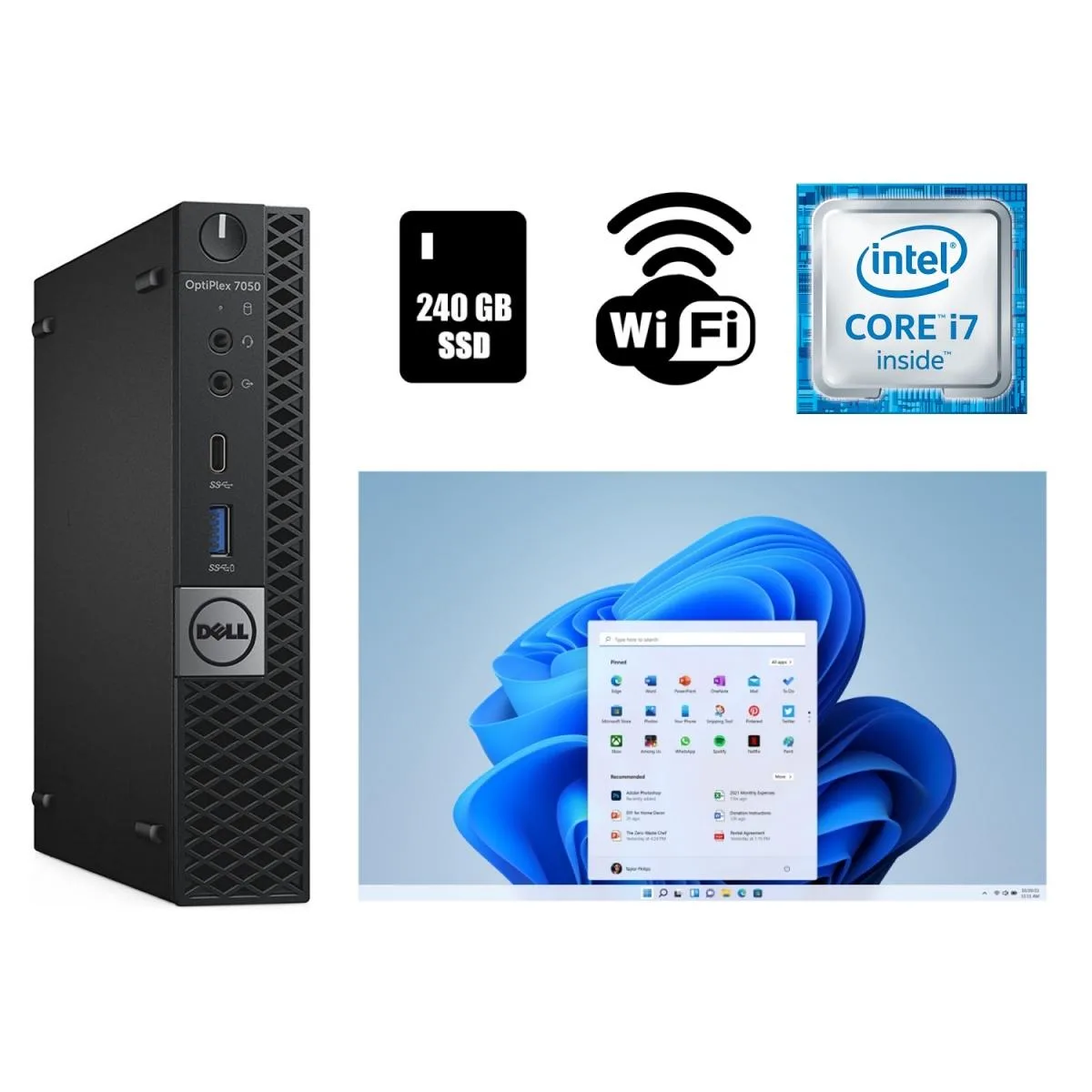 Small black micro-tower desktop with power cable and USB Wi-Fi adapter