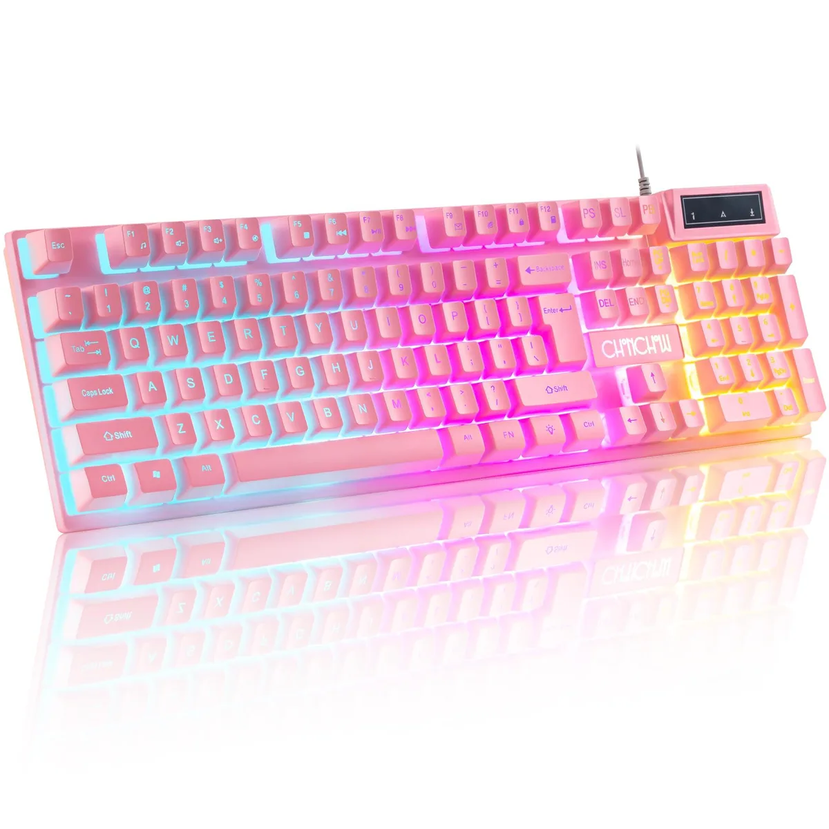 Pink membrane keyboard with matching mouse, USB wired, three-colour LED backlight