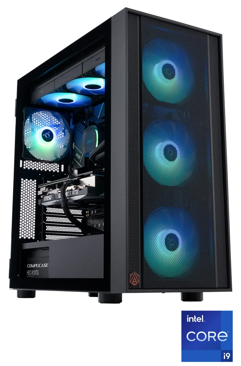 Black mid-tower gaming PC with tempered glass side panel and RGB liquid cooler visible