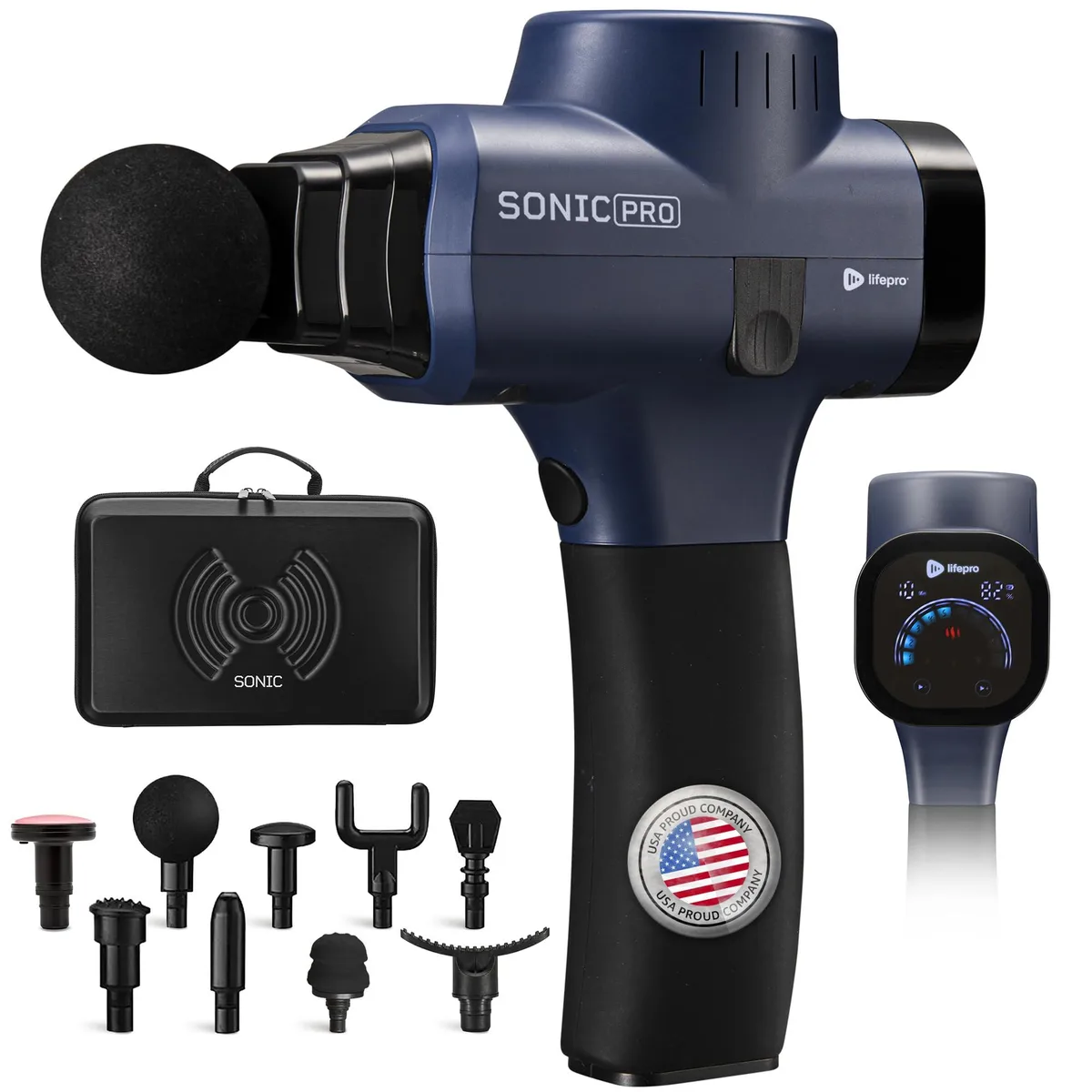 iLife LP-SNKP Sonic Pro Massage Gun Blue 10 Speeds 9 Heads 12mm 75lbs 2.5lbs — produkto nuotrauka