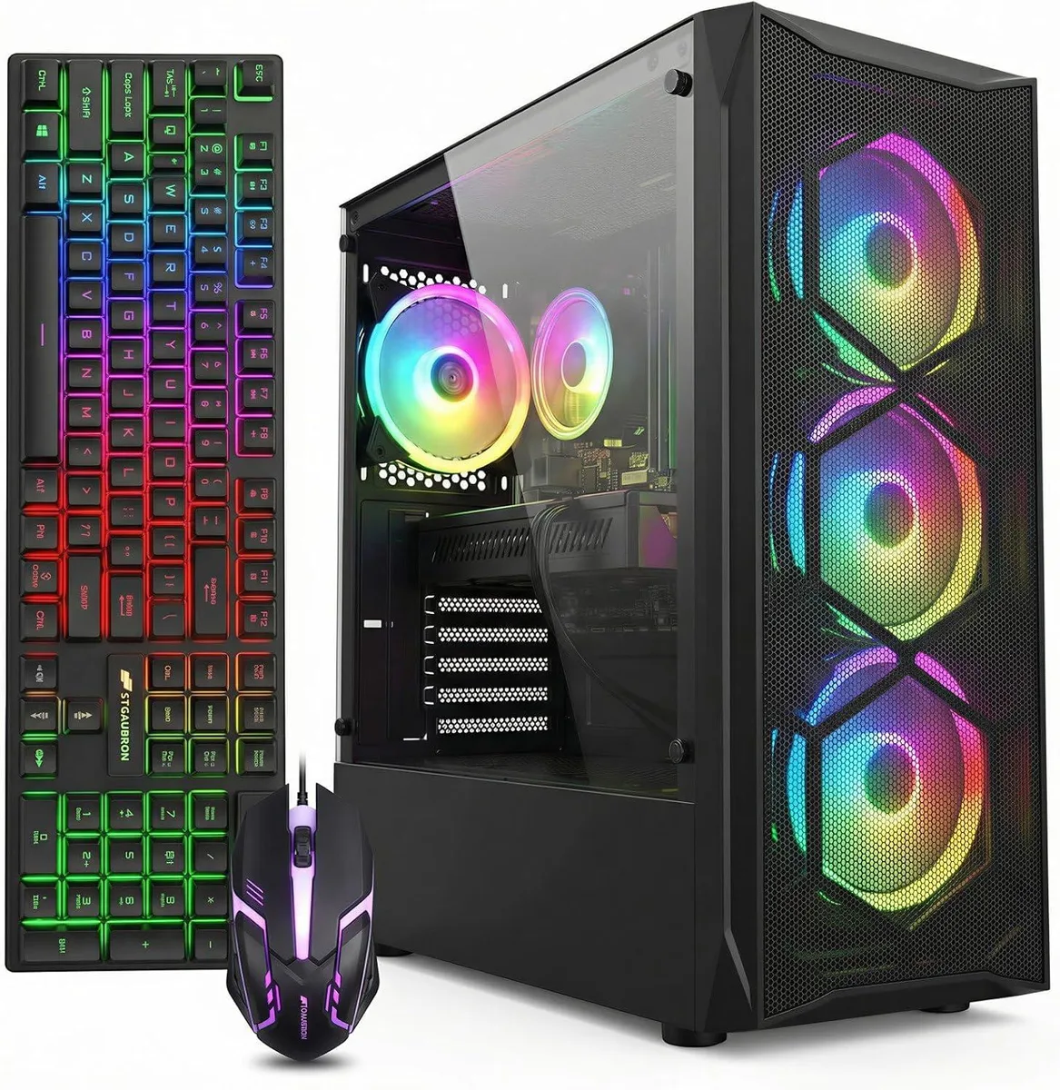 Black tower desktop with four RGB fans visible through the side panel