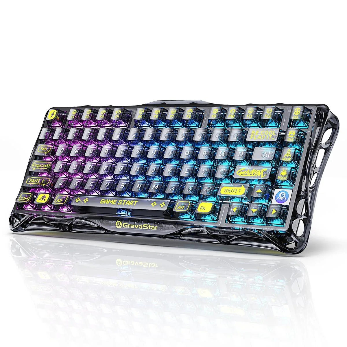 Transparent black 75 percent mechanical keyboard with hollow skeletal frame and RGB backlighting