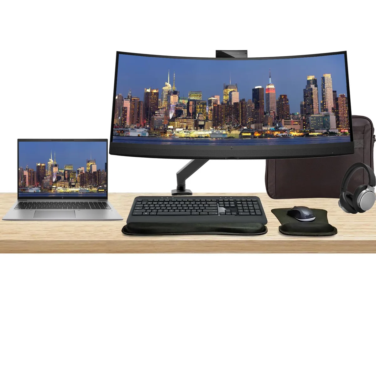 HP ZBook Firefly 16 inch laptop, 34 inch curved monitor, wireless keyboard, mouse, headphones and briefcase on desk mount