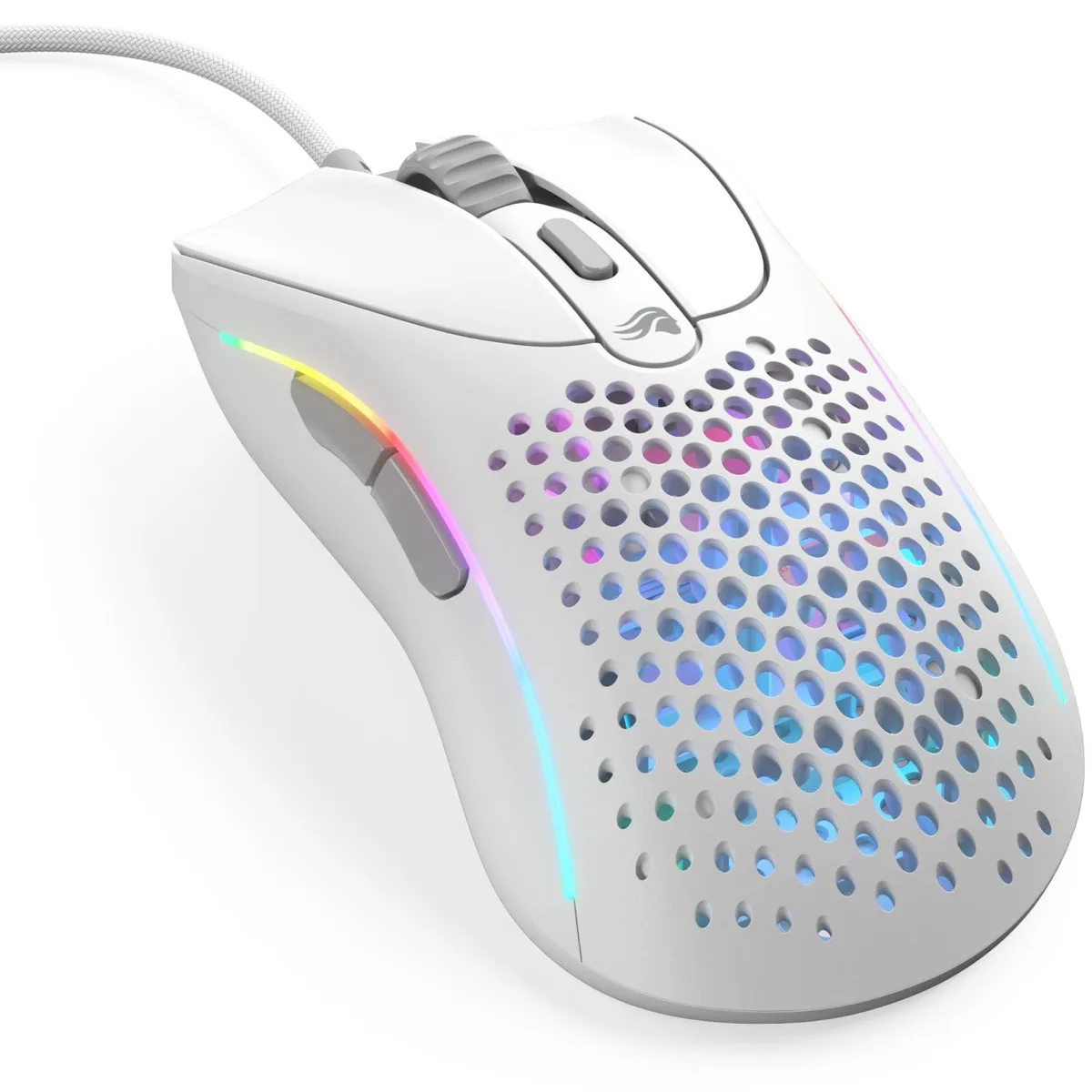 Matte white ergonomic gaming mouse with honeycomb shell, right-handed shape, six buttons and braided cable