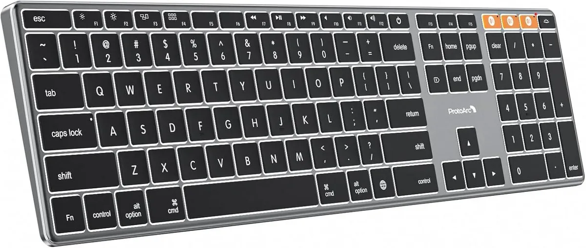 Space gray aluminum full-size keyboard, ultra-slim 0.4 inch profile, low-profile mechanical switches