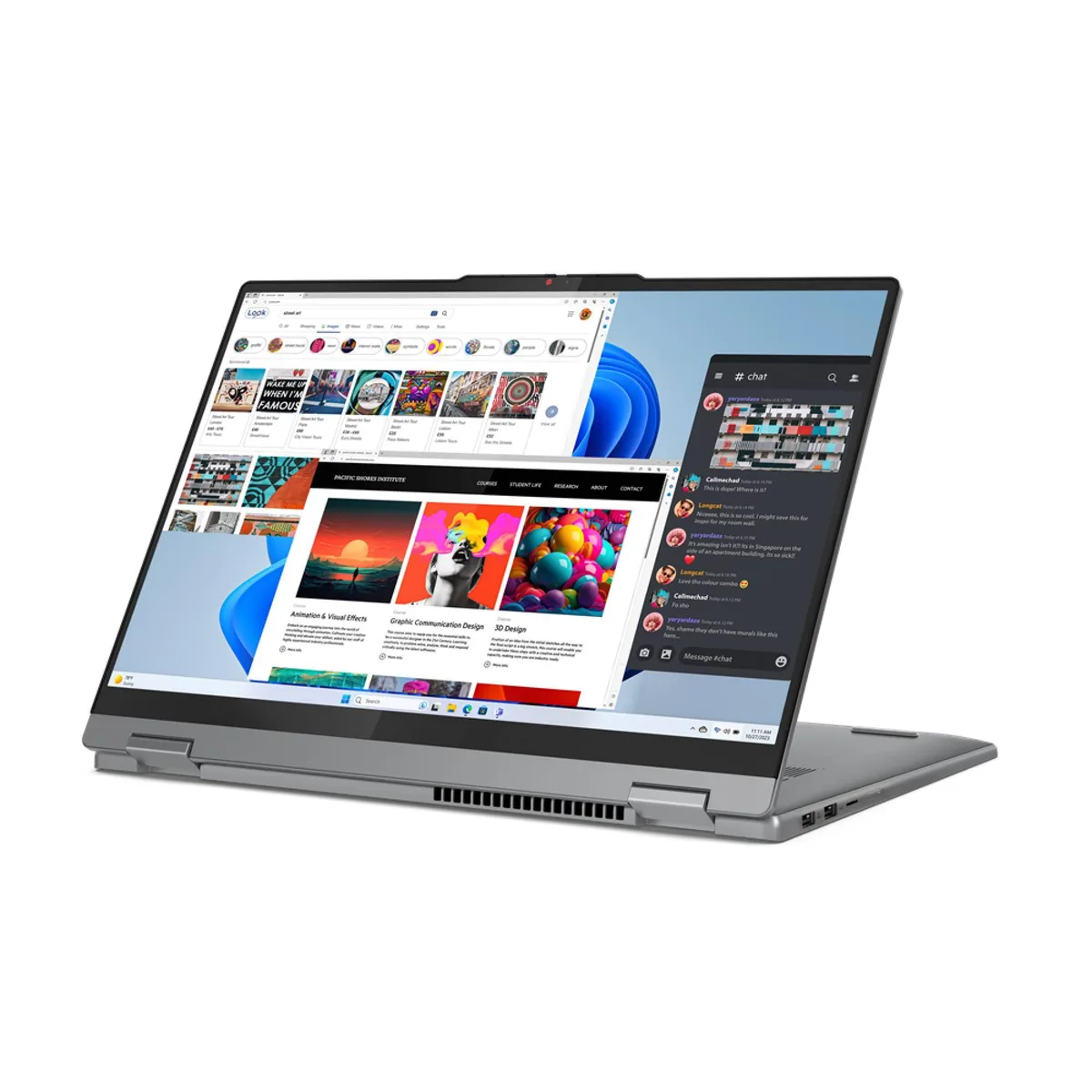 Grey 2-in-1 laptop with 16 inch touchscreen, backlit keyboard and webcam privacy shutter