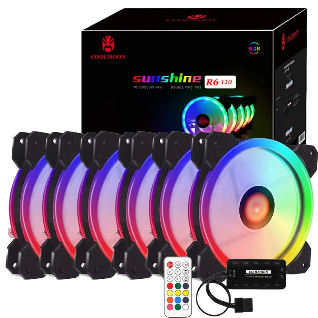 COOLMOON COOLMOON Sunshine R6-120 6pcs RGB PWM Case Fans 120mm 1400 RPM 37.8 CFM 25 dBA Hydraulic Bearing Black — productfoto