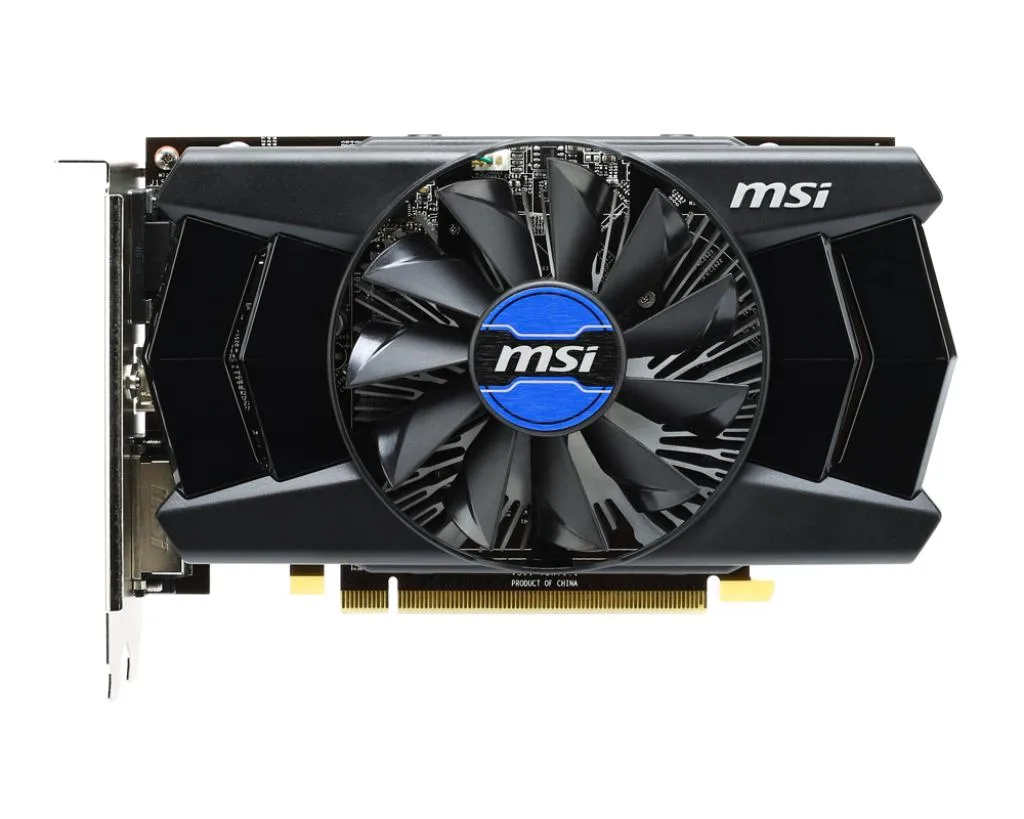 MSI Radeon R7 250 graphics card, dual-slot black cooler with single fan, metal bracket, PCI Express gold fingers visible