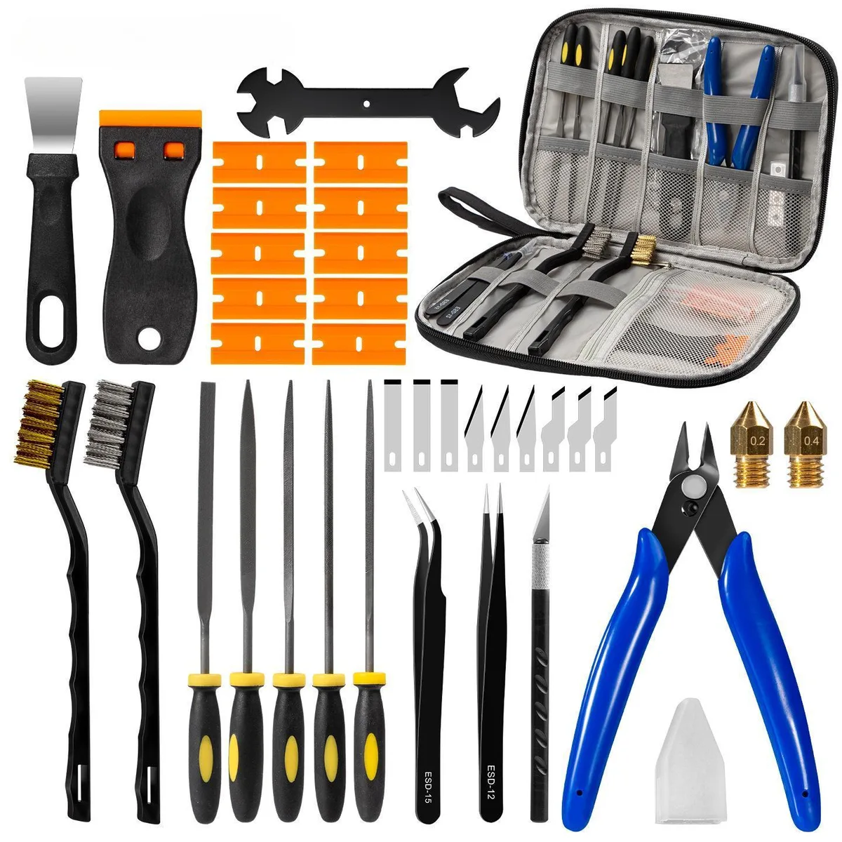 Black storage case containing 46-piece 3D printer tool kit with scrapers, files, drill bits and deburring tool