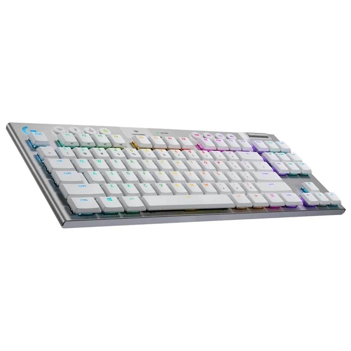 White tenkeyless mechanical keyboard with aluminium top plate, low-profile switches and dedicated media wheel