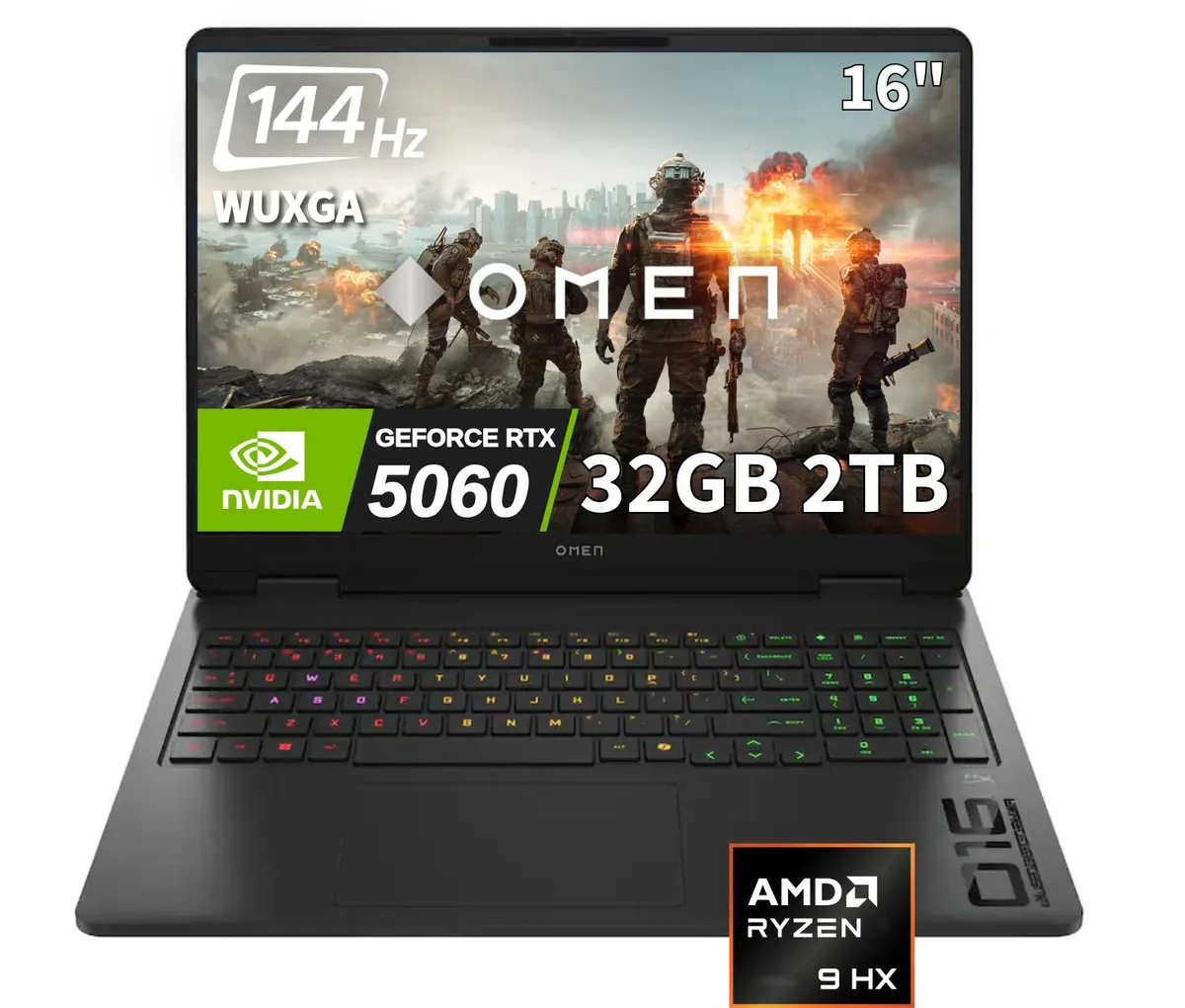 Black 16-inch OMEN gaming laptop with 4-zone RGB keyboard, 14.07 by 10.59 inches, 0.94 inches thin at front
