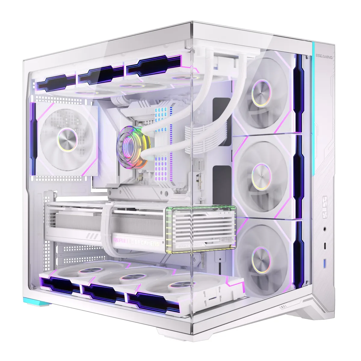 White ATX mid-tower case with slanted base, full tempered glass front and side panels, mesh ventilation, no fans included