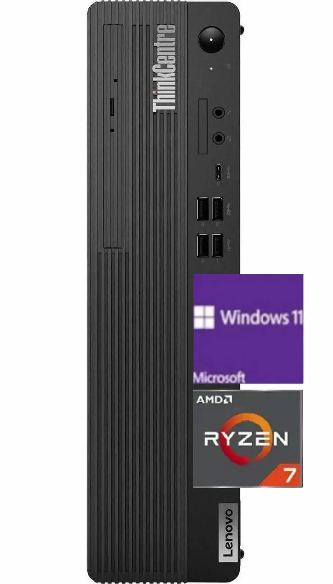 Black small form factor desktop tower with wired keyboard and mouse
