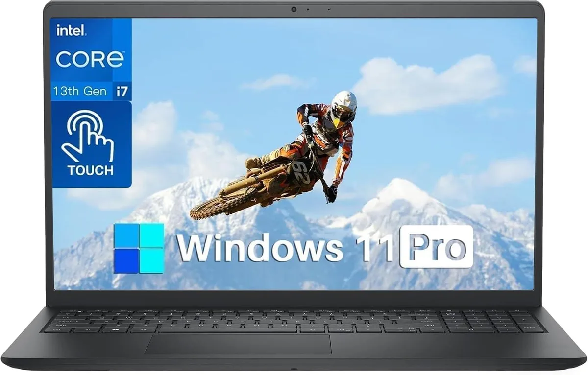 Black 15.6 inch touchscreen laptop with narrow borders and flat keyboard