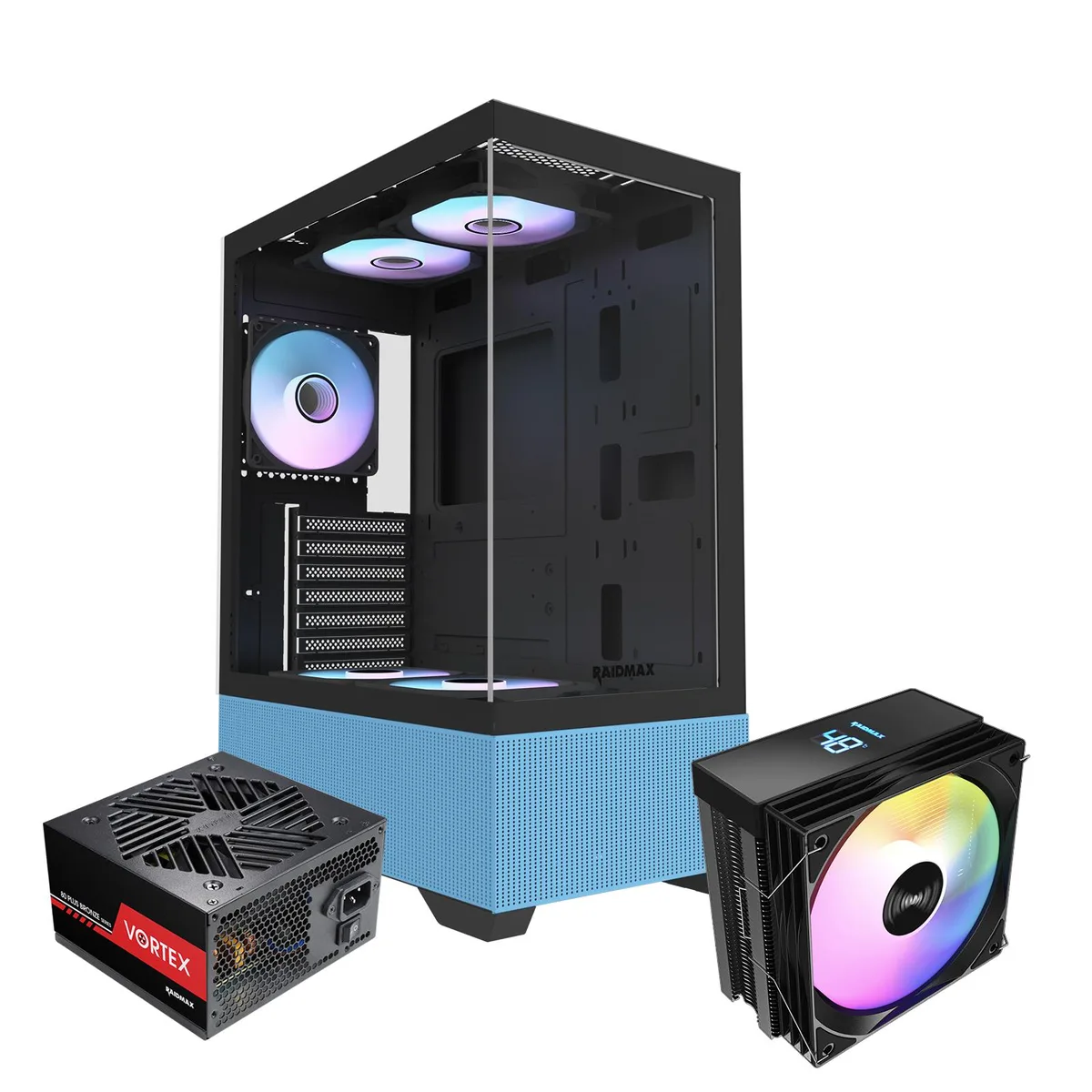 Blue ATX mid-tower case with tempered glass side panel and five FRGB fans visible