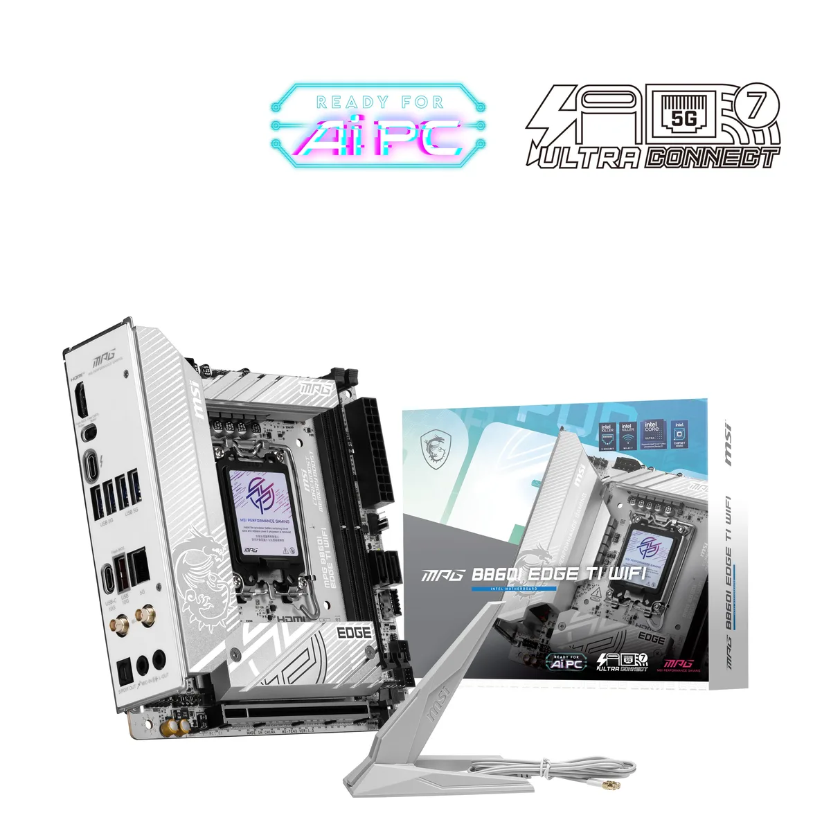 White Mini-ITX motherboard with silver heatsinks and black PCB