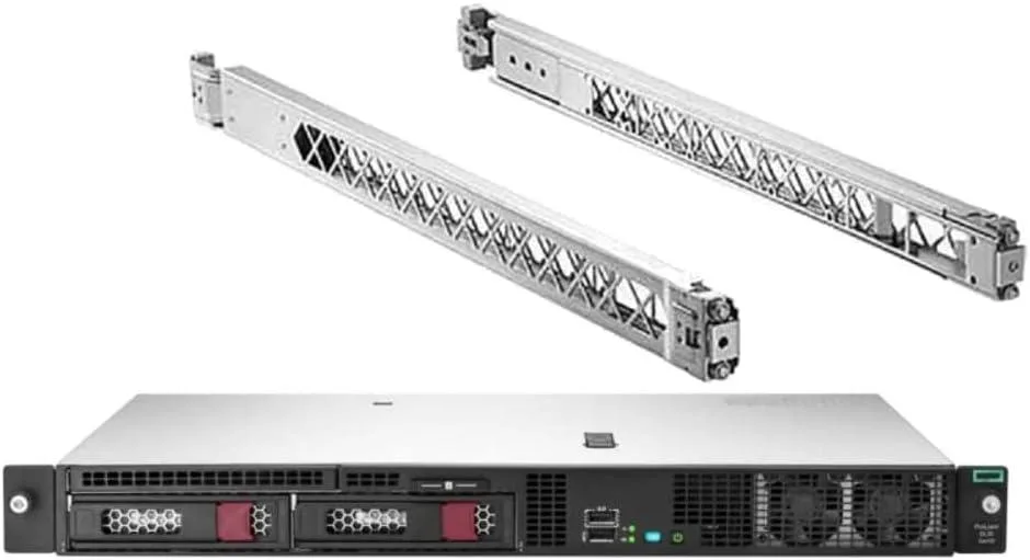 HP ProLiant DL20 Gen10 1U rack server silver chassis with front drive bays and rail kit