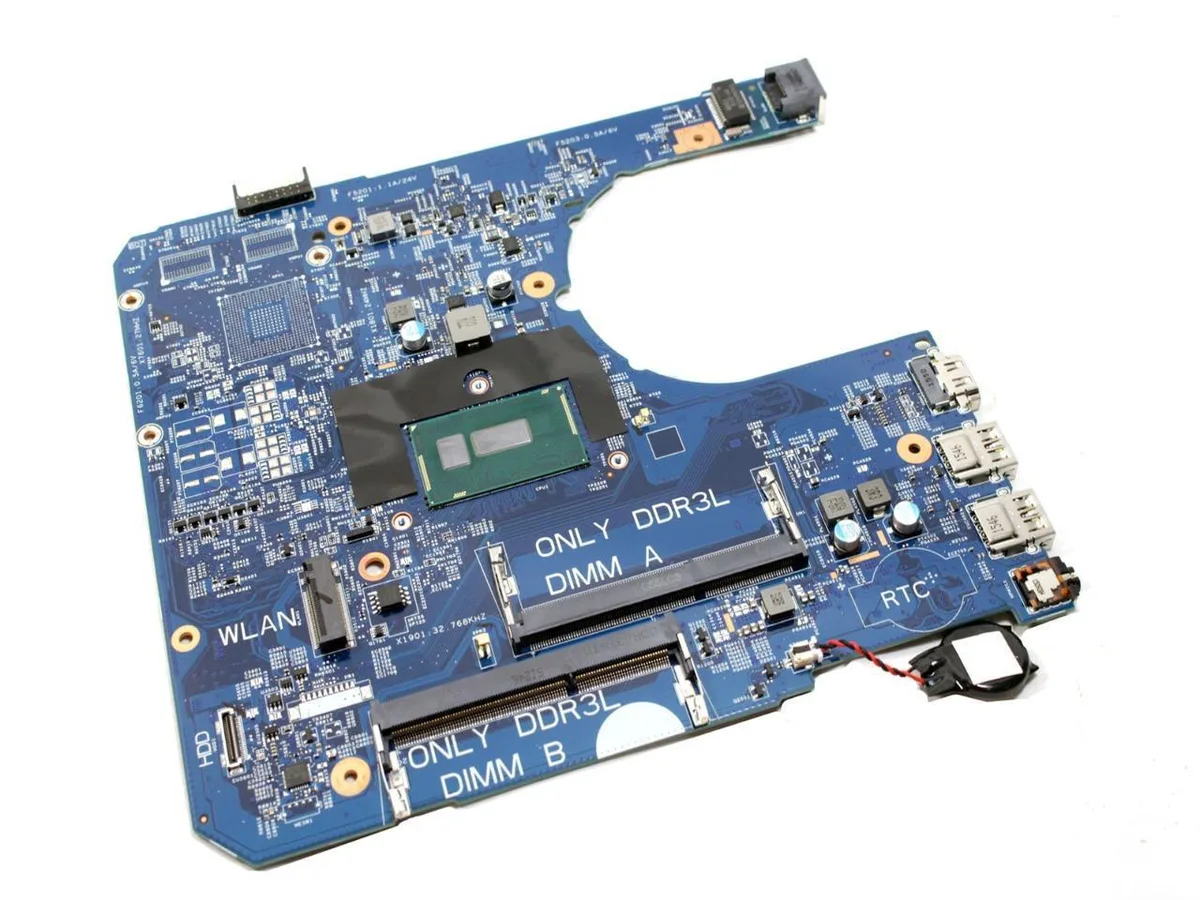 Green laptop motherboard with soldered Celeron 3215U processor, two DDR3L slots, RJ-45, USB, HDMI and audio ports