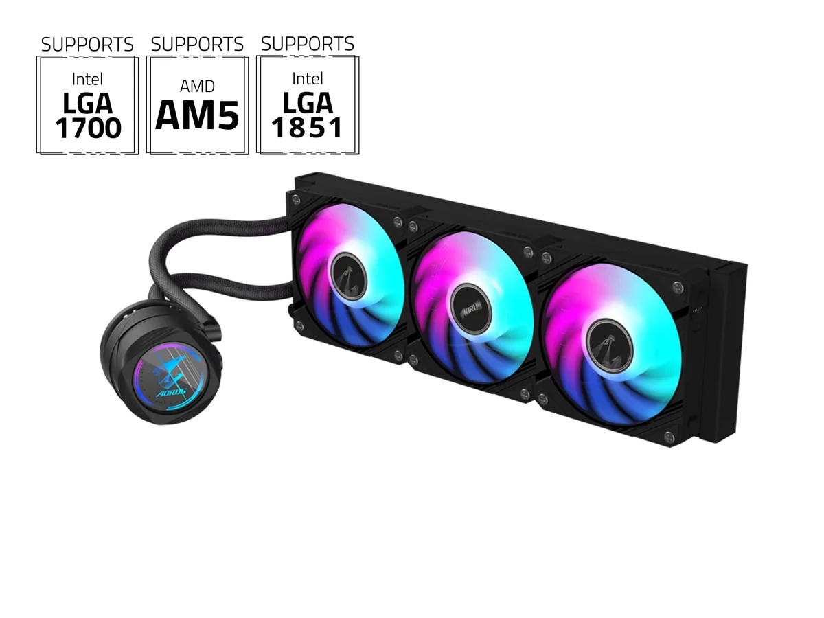 Black 360 mm radiator with three 120 mm ARGB fans and a rotatable copper water block
