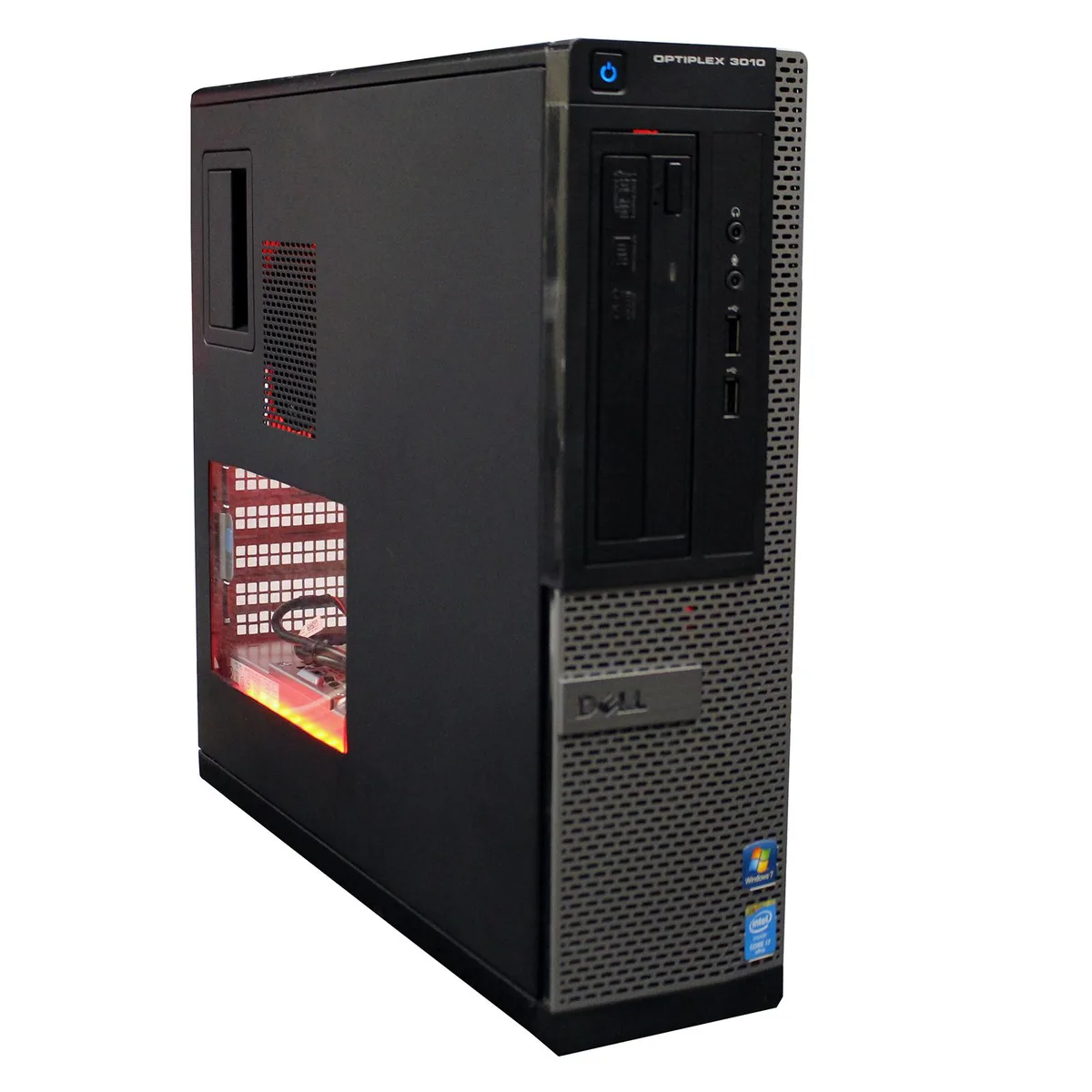 Black tower desktop PC with DVD drive and front panel ports