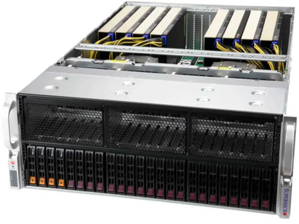 Silver 4U rack server front with drive bays and status LEDs