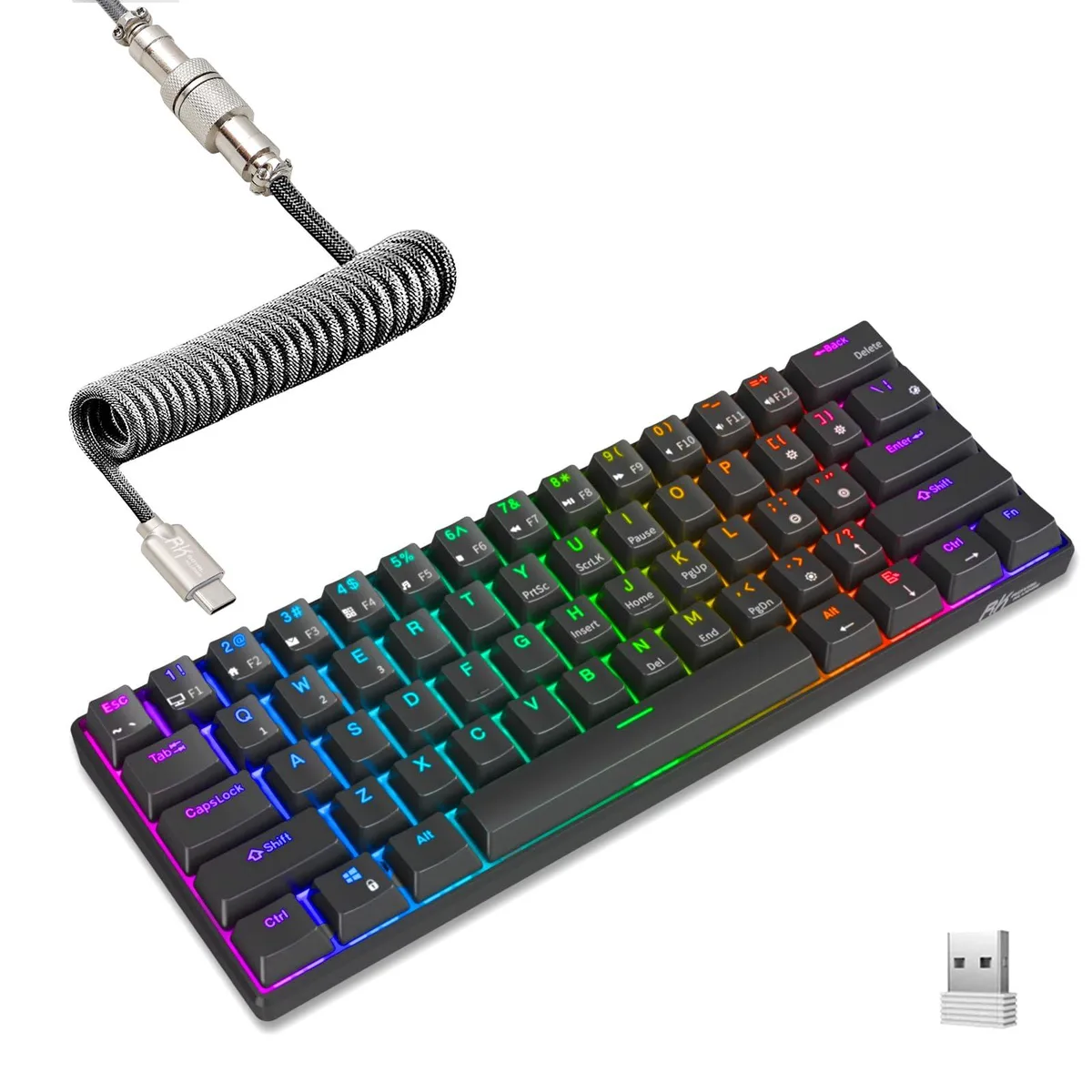 Black 60 percent mechanical keyboard with coiled cable and RGB backlighting