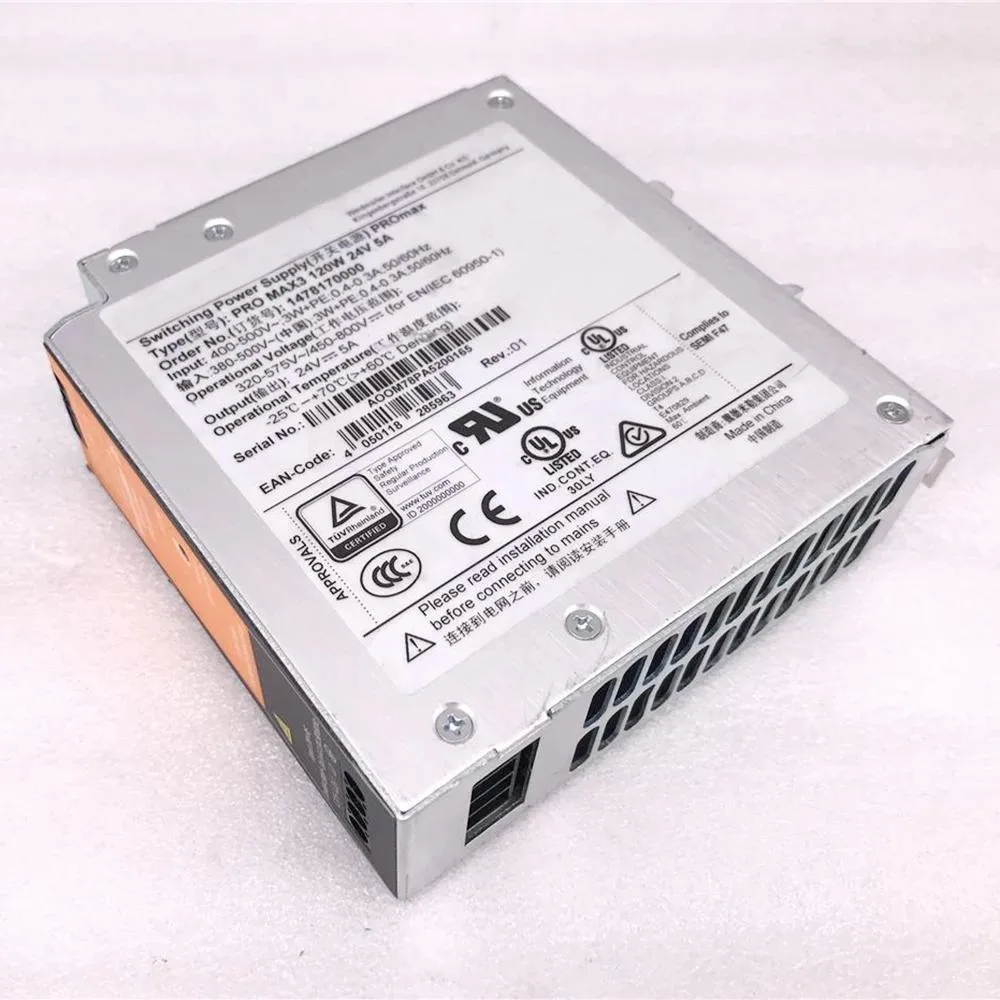 Rectangular metal power supply unit with ventilation slots and terminal connections