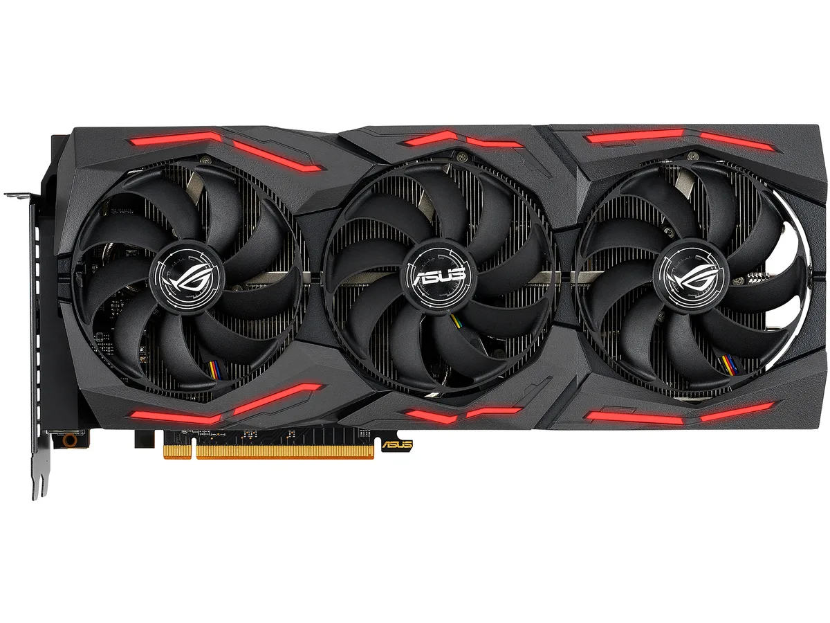 Black triple-fan graphics card with silver accents and ROG STRIX branding